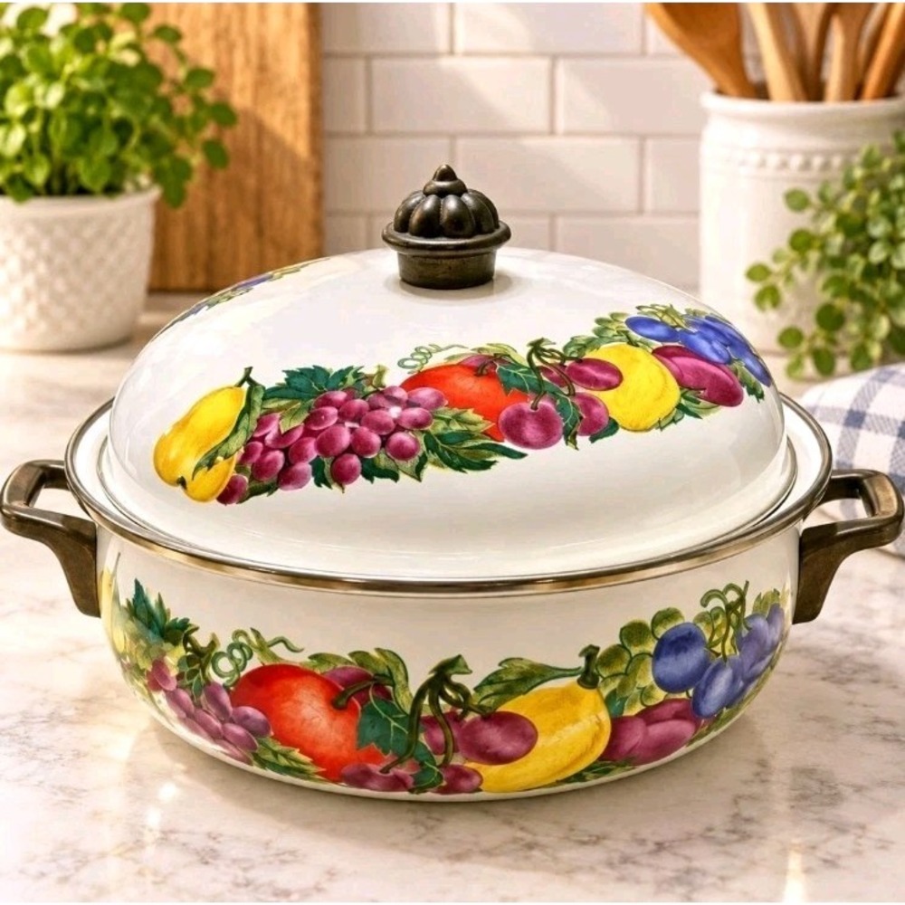 Metro 3 Qt. Enamelware Pot Dutch Oven Orchard Fruit Brass Handles Non Stick VTG